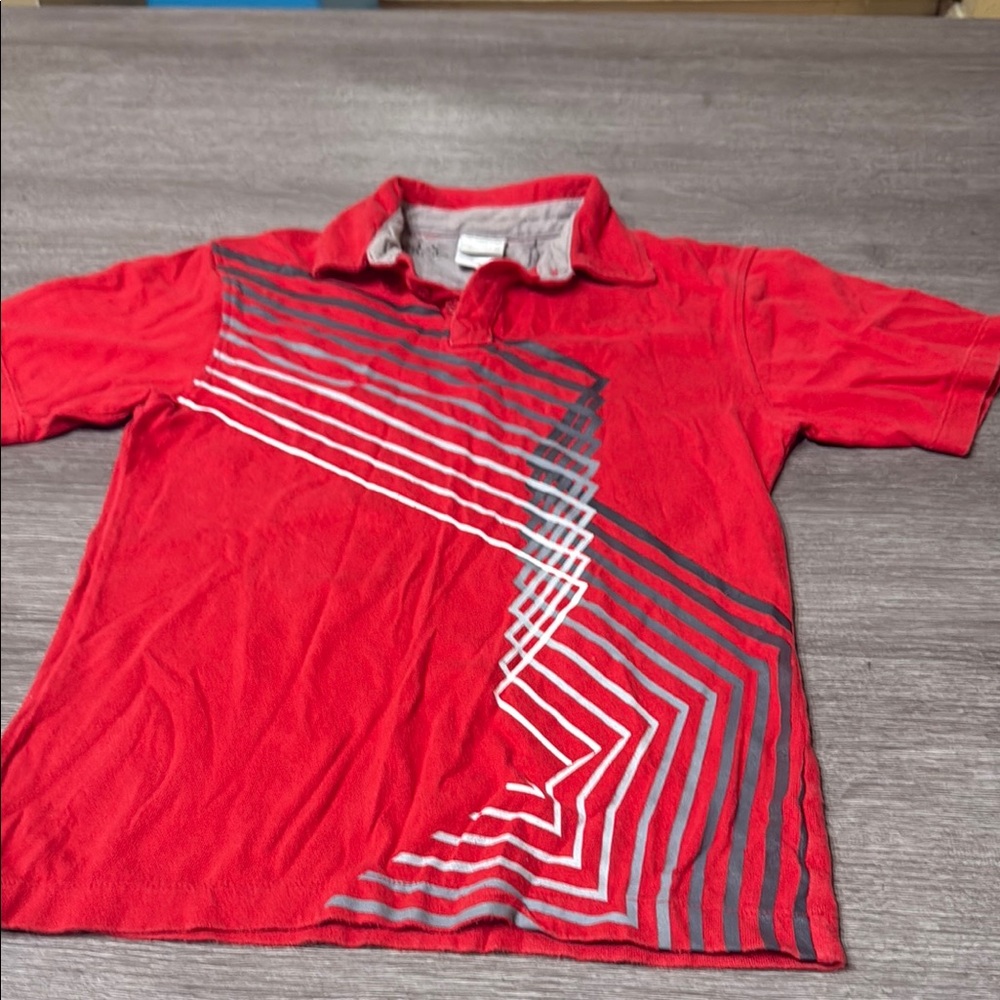 Vibrant Red and Gray Geometric Polo Shirt